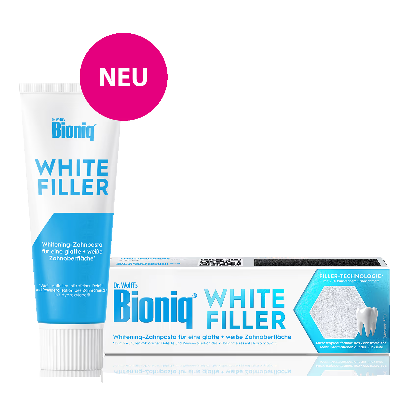 Zahnpasta „Bioniq White Filler“ mit Verpackung; Text: „Whitening-Zahnpasta für eine glatte, weiße Zahnoberfläche“, „Filler-Technologie mit 20% künstlichem Zahnschmelz“.