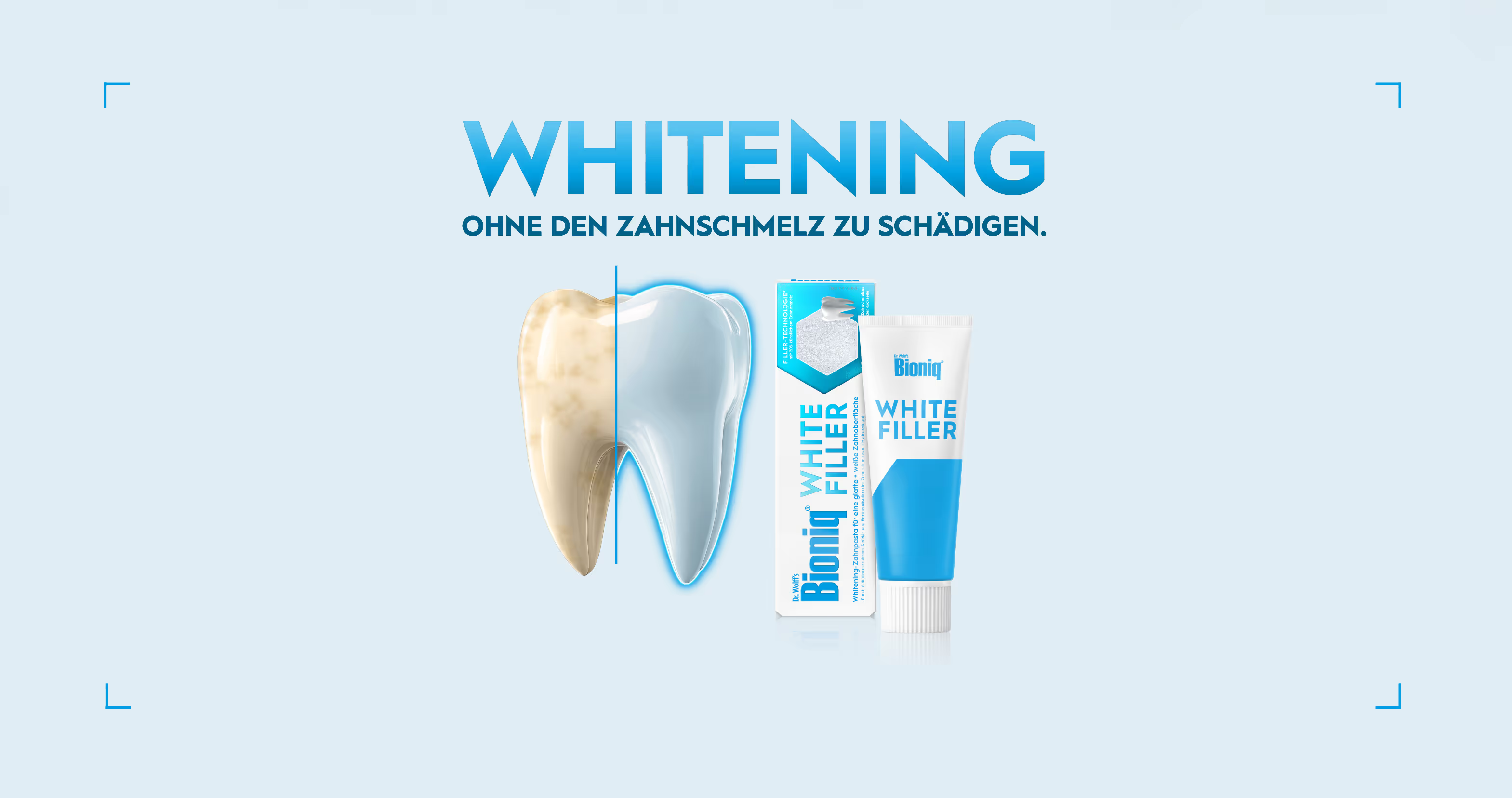 WHITENING ohne den Zahnschmelz zu schädigen; halb verfärbter vs. weißer Zahn neben Zahnpasta „Bioniq White Filler“ und Verpackung.