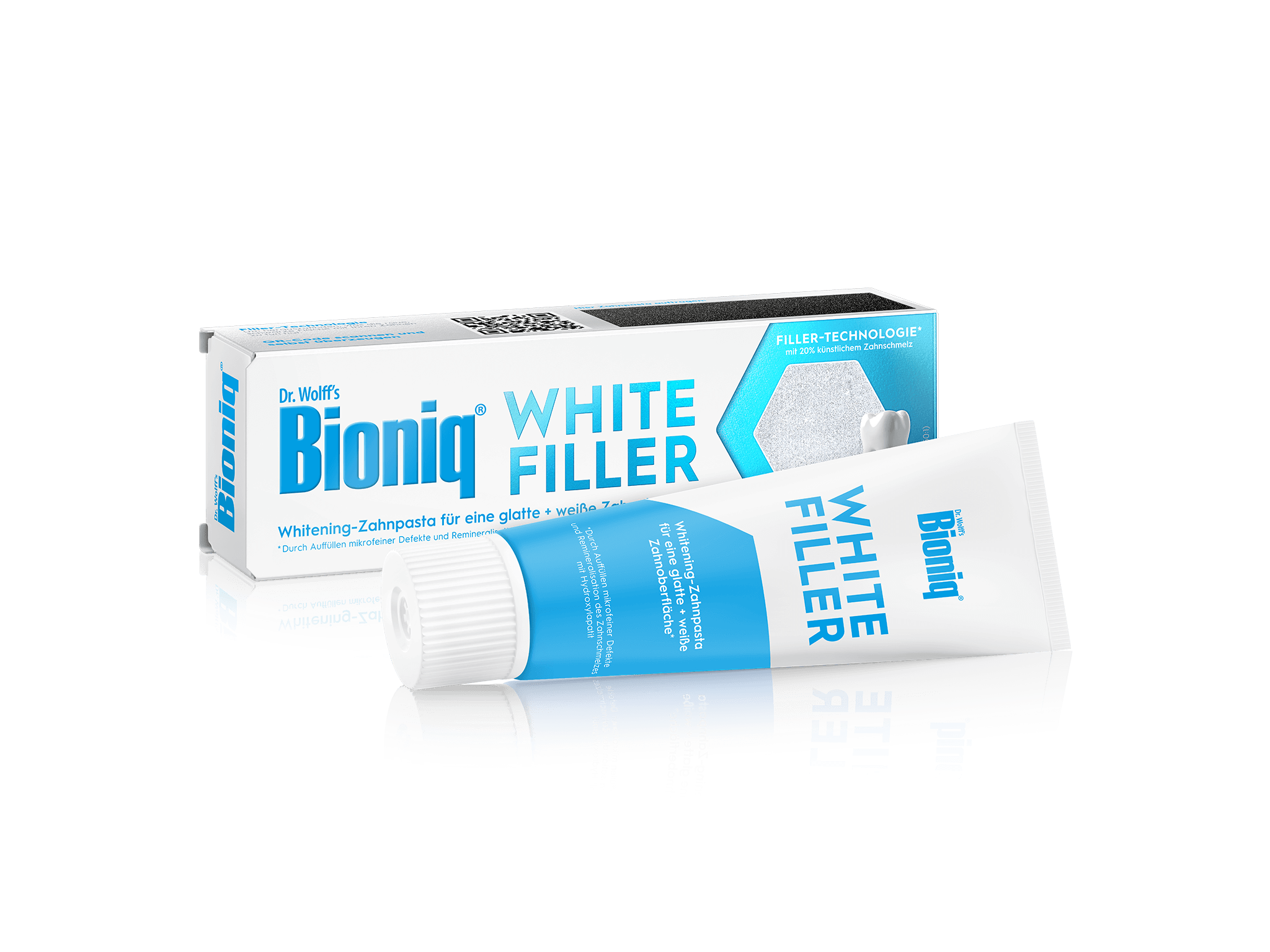 Zahnpasta „Bioniq White Filler“ mit liegender Tube vor der Verpackung; Text auf Packung: „Filler-Technologie mit 20% künstlichem Zahnschmelz“.